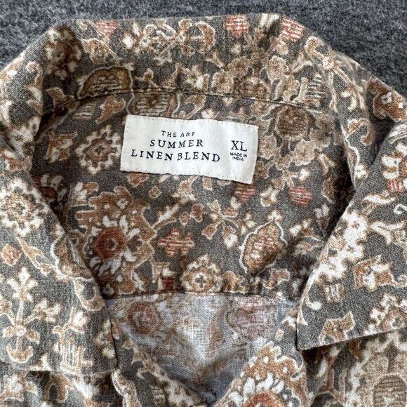 Abercrombie & Fitch Summer Linen Blend Shirt Mens XL Camp Button Up Brown AOP - Picture 3 of 7